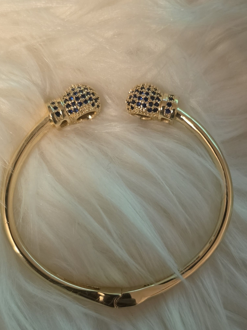 14k Gold Over Sterling Silver Open Cuff Bracelet with Blue Crystal Ends
